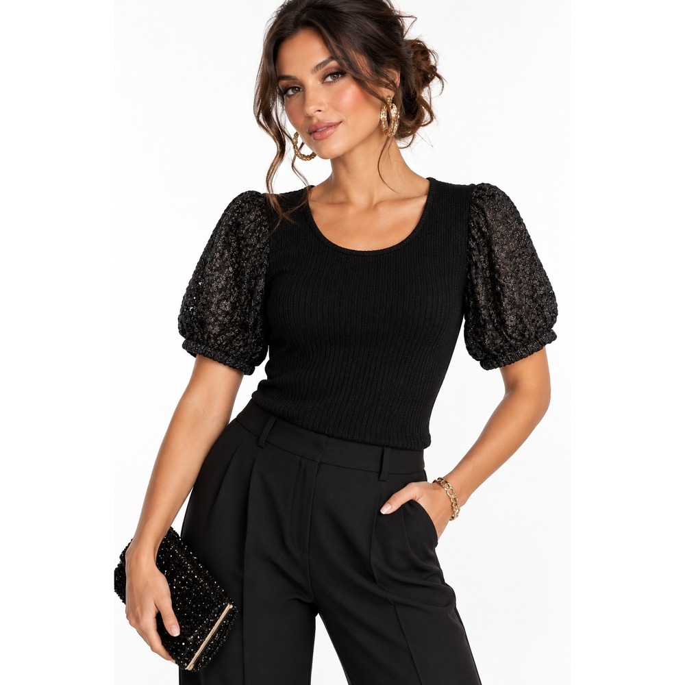 Design History Black Metallic Ribbed Lace Puff Sleeve Top Small NWT